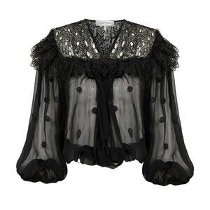 Raisa Vanessa Sheer Black Polka Dot Top Blouse Lace Embellished Jewel Collar